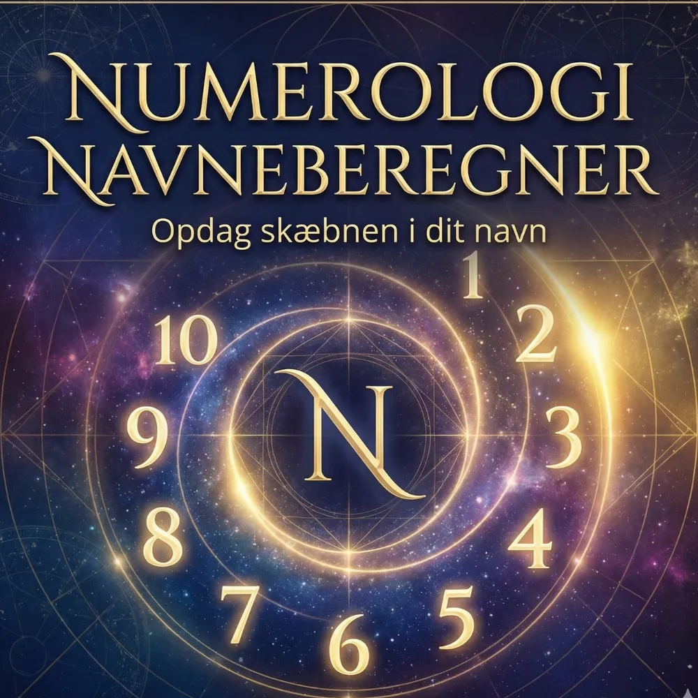 Grafisk header til numerologi navneberegner med teksten 'Opdag skæbnen i dit navn' omgivet af en gylden talkreds og kosmisk stjernehimmel.